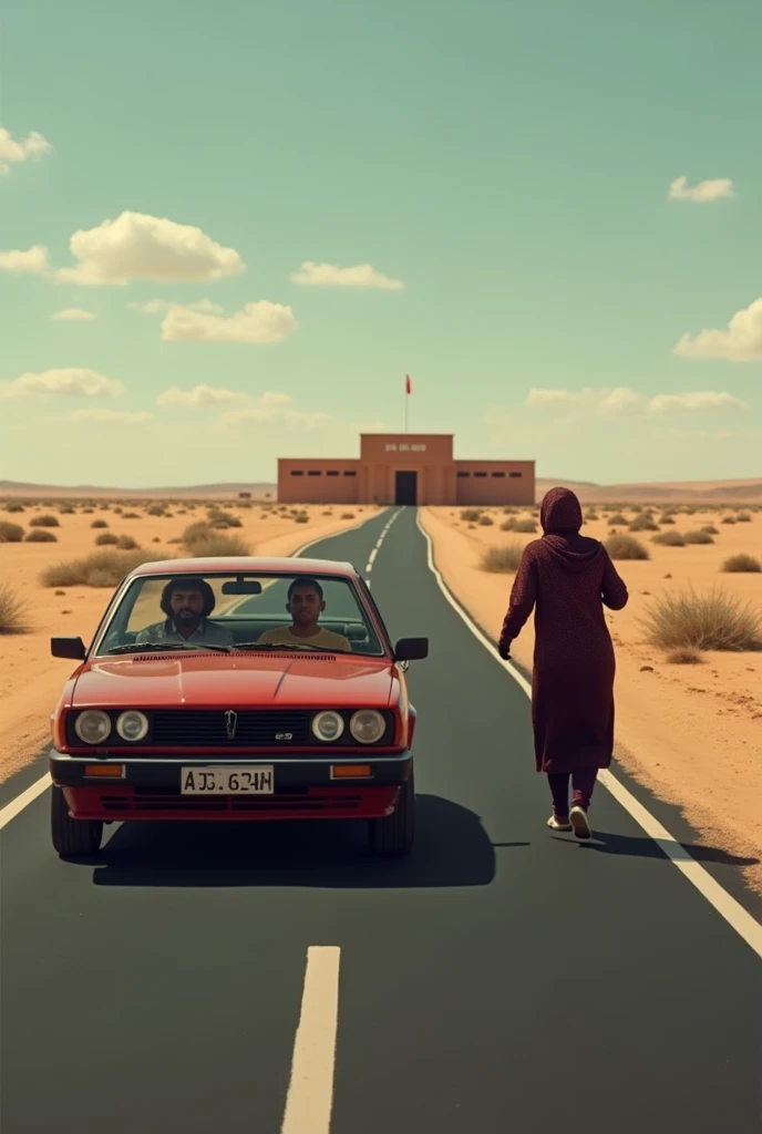 a dark-skinned man drives the car with his wife who wears corrective glasses traveling in Mauritania,
they pass by an institute that teaches civil engineering called « ISM-BTPU », where they used to study in it.

This institute is five kilometers from the Mauritanian city of Ak and consists of classroom buildings and is surrounded by brown walls.
This institute is an isolated building built in that area and is far from the sidewalk on the left side.
the sidewalk is black with white lines and there are no trees, only the sidewalk and the distant institute
The wife is Muslim
and its area is large
Then the wife starts beating her husband severely