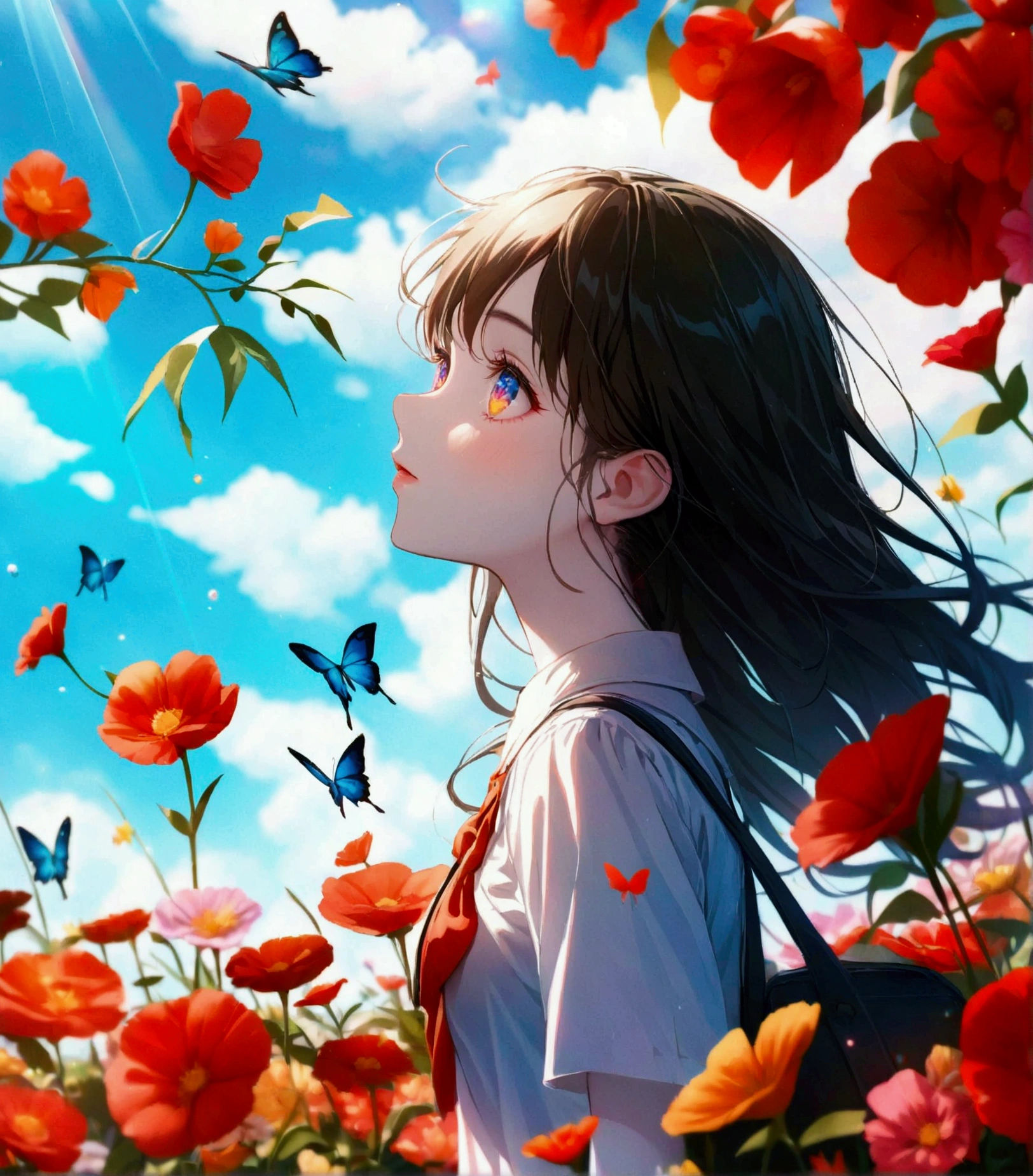 (woman\(student, 15 years old, JK, Long hair, Colorful eyes, Pale skin，) look up to the sky), (Many butterflies flying in the air), Beautiful sky, Summer，Colorful flowers blooming everywhere, (Bubbles sparkling in the sky) ,quality\(8K,CG Wallpaper, masterpiece,High resolution,top-quality,Surrealism,Improve resolution,RAW photos,Best quality,Very detailed,light,Ray Tracing,Golden Ratio)