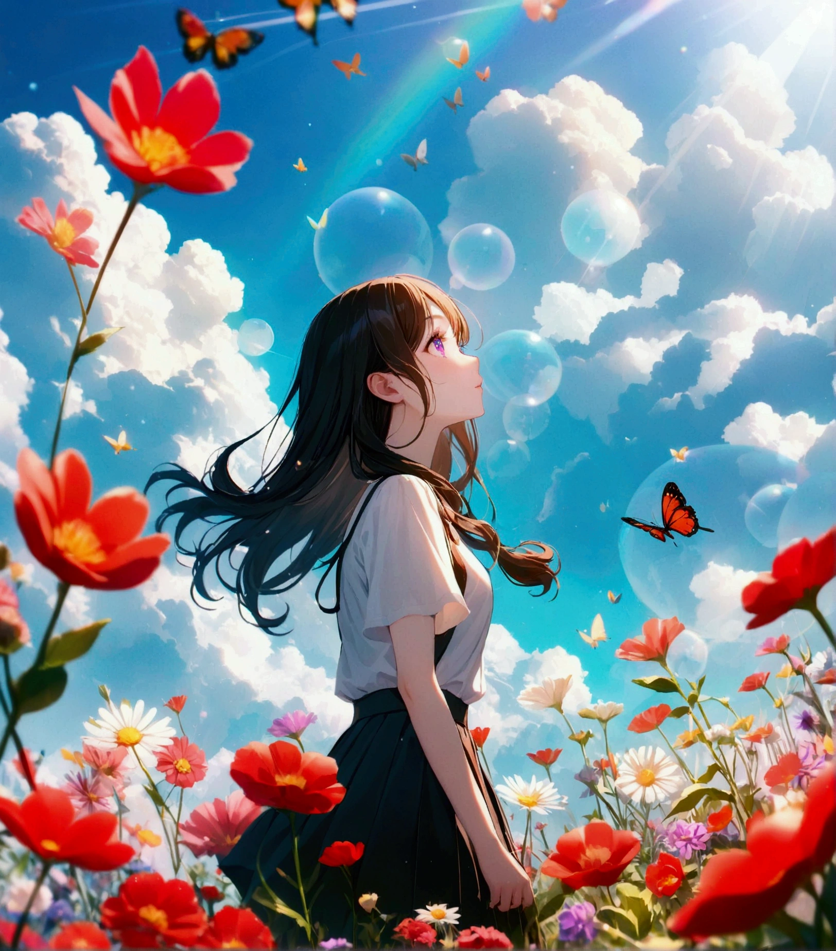 (woman\(student, , JK, Long hair, Colorful eyes, Pale skin，) look up to the sky), (Many butterflies flying in the air), Beautiful sky, Summer，Colorful flowers blooming everywhere, (Bubbles sparkling in the sky) ,quality\(8K,CG Wallpaper, masterpiece,High resolution,top-quality,Surrealism,Improve resolution,RAW photos,Best quality,Very detailed,light,Ray Tracing,Golden Ratio)