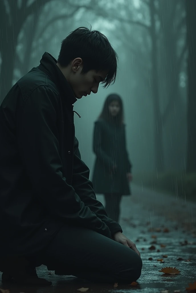 I want a man who is sad after being rejected by the woman he loves, with the woman appearing.
