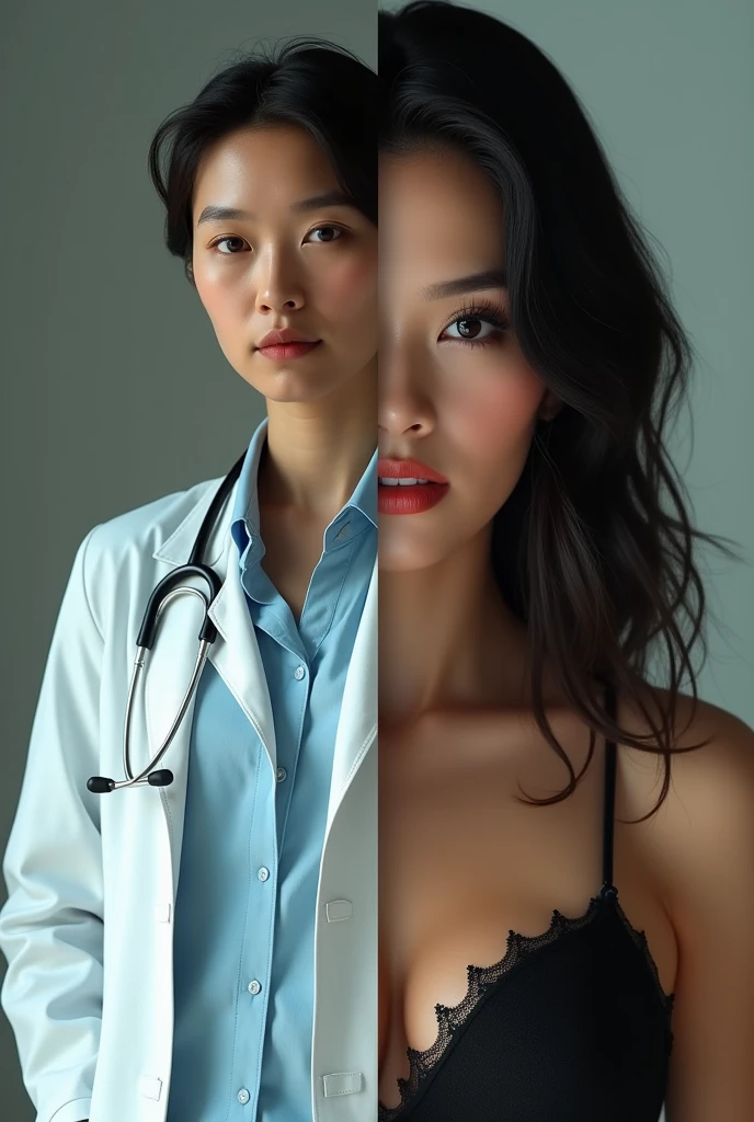 Two combined photos of one side with doctor appearance and other of a call girl
 