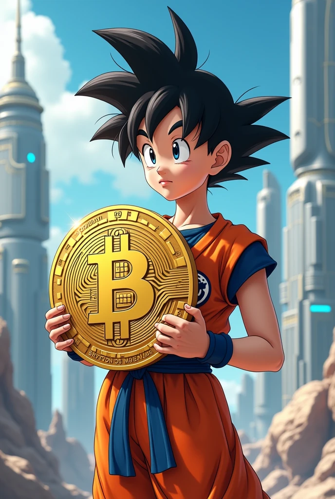 In dragonball z guku's earth use crypto currency.....draw a 3d representation of GOHAN'S DAUGHTER holding a really huge crypto coin.....make it futurelistic and dragon ball themed