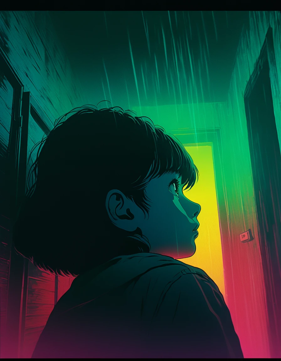 illust、art、from 80s horror movie、house in the mist、high detail, realistic shadow、Analog style, vhs style, 8mm film, chromatic aberration, Dvd screengrab、Complementary color gradient