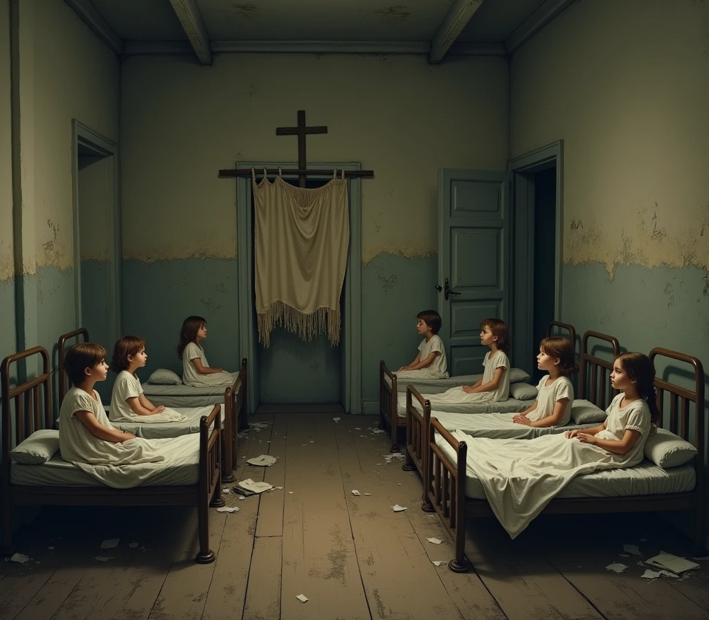 An old orphanage shared room with several beds, it has a small cross on the wall and a few different children wearing slightly worn white nightgowns sitting on the beds.