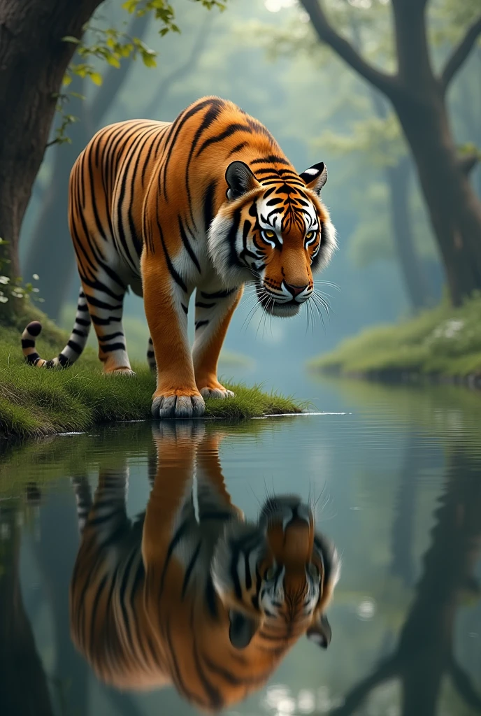 tiger on river side looking at its reflection it should be photorealistic