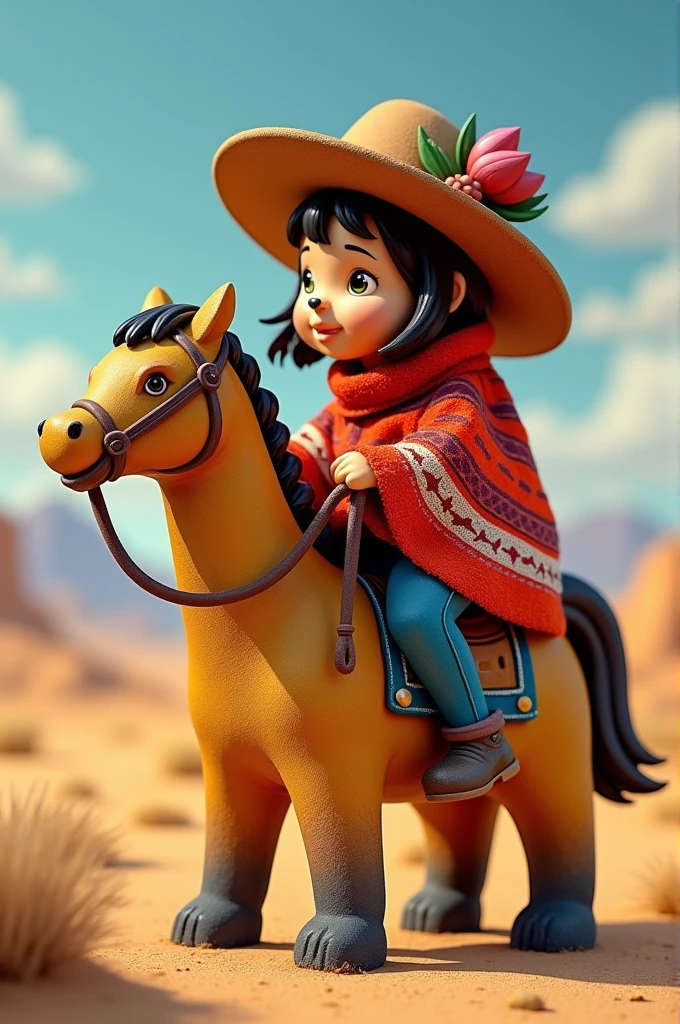 Lina and the bear with a hat and a llano poncho,Together they rode on a colorful wooden horse. 