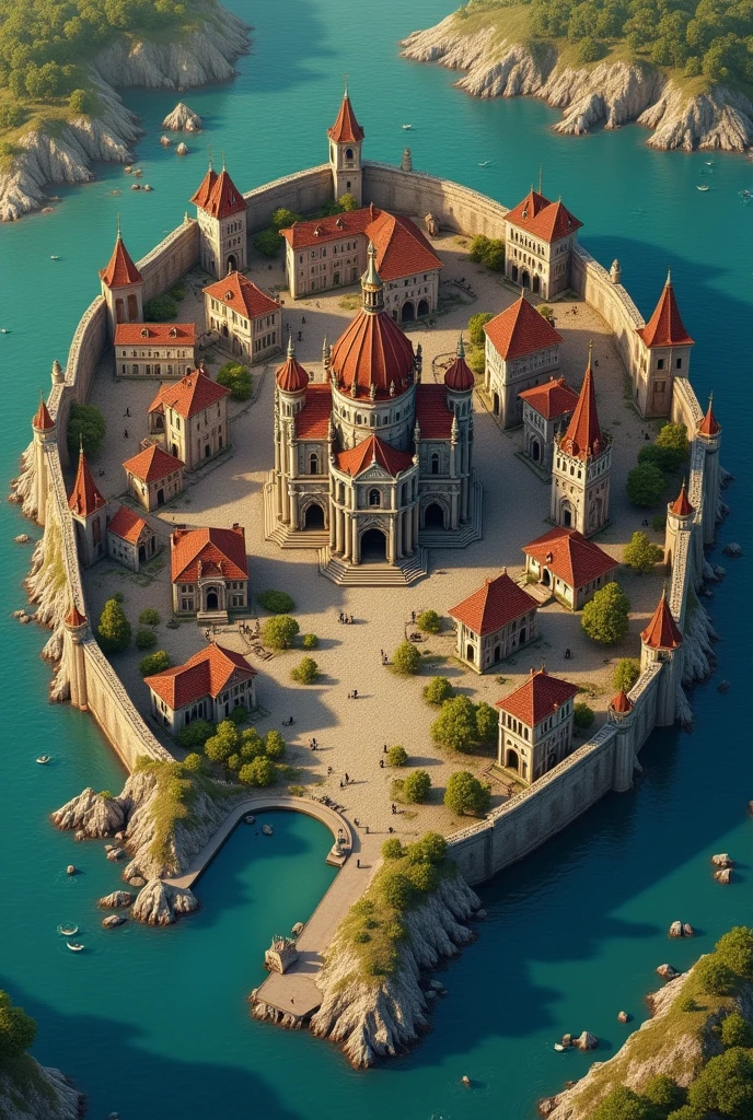 Create a top-down map of a medieval city, with a church in each corner in an octagon (which would be the shape of the walls that surround the kingdom, where one of those walls is a port(that sits in place of the church.
It should be sized for a population of at least 3000-4000 inhabitants.