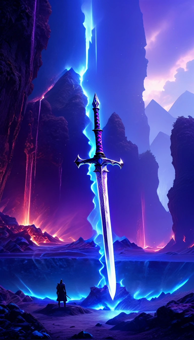 an giant sized sword surrounded with blue flame  stands on its point in volcano, a masterful sword made from diamond, epic sword, divine sword, (mountain sized sword: 1.5), its glistening in the sun, it has many facets, purple flames surround it GlowingRunesAI_purple, it stands in a pool of lava in a volcano, fantasy volcano background, sun rays, divine rays, high quality, landscape, lava land,  (best details, Masterpiece, best quality :1.5), ultra best realistic pictures , best details, best quality, 16k, [ultra detailed], masterpiece, best quality, (extremely detailed), ultra wide shot, photorealism, depth of field, diamondWM, rpg portrait
photograph