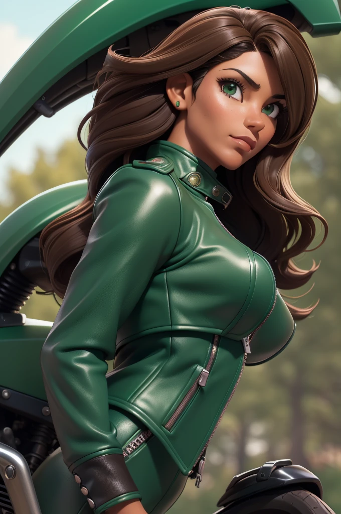 obra prima, melhor qualidade, ((only one woman,)) ((kristi noem, dark tan skin, dark brown wavy bob hair)) looking over shoulder at me, massive erect cone tits, ((wearing metallic green leather biker moto jacket,)) ((jacket has padded shoulders, jacket has stiff high collar,)) (((wearing jade green leather pants,))) body is very skinny, arched back, ((riding motorcycle, extreme closeup view, side front view of upper body,)) shallow depth of field, highres, HD, 8k, anatomically correct