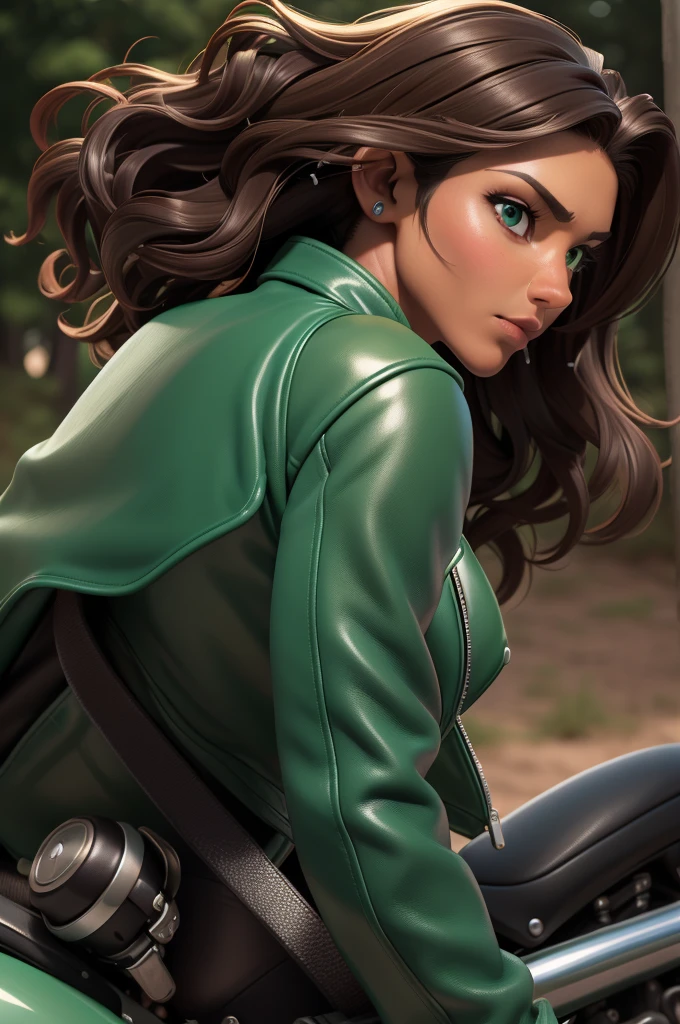 obra prima, melhor qualidade, ((only one woman,)) ((kristi noem, dark tan skin, dark brown wavy bob hair)) looking over shoulder at me, massive erect cone tits, ((wearing metallic green leather biker moto jacket,)) ((jacket has padded shoulders, jacket has stiff high collar,)) (((wearing jade green leather pants,))) body is very skinny, arched back, ((riding motorcycle, extreme closeup view, side front view of upper body,)) shallow depth of field, highres, HD, 8k, anatomically correct
