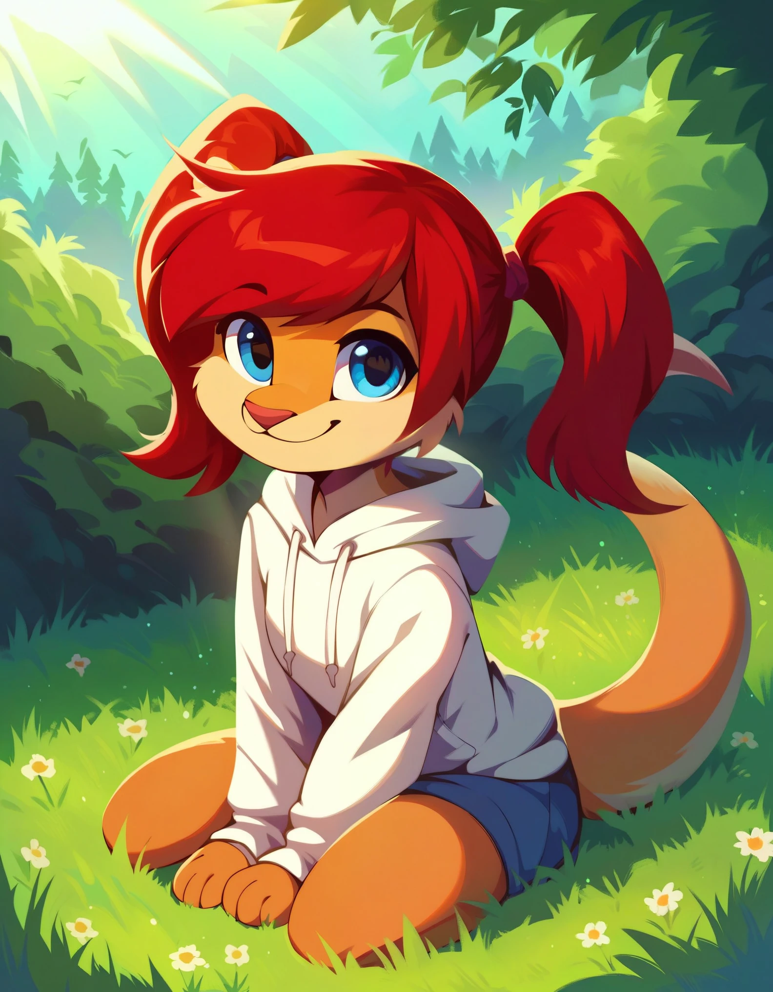 score_9, score_8_up, score_7, rating_ safe, source_furry, furry, camille_w, solo, red hair, twintails, blue eyes, hoodie, (kangaroo tail:0.7), sitting, outdoors, grass, looking at viewer, smile, cute, sunlight, natural lighting, 