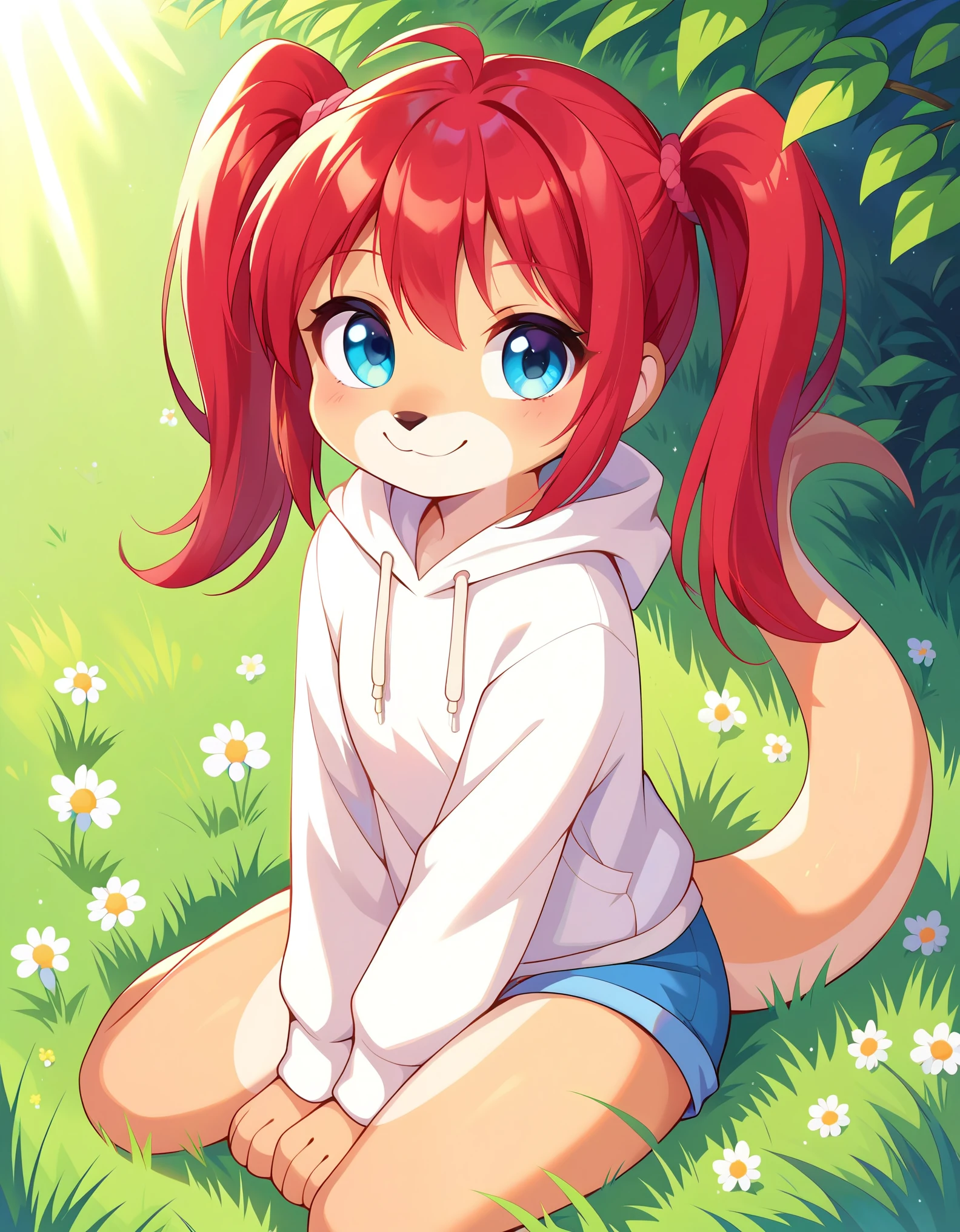 score_9, score_8_up, score_7, rating_ safe, source_furry, furry, camille_w, solo, red hair, twintails, blue eyes, hoodie, (kangaroo tail:0.7), sitting, outdoors, grass, looking at viewer, smile, cute, sunlight, natural lighting, 