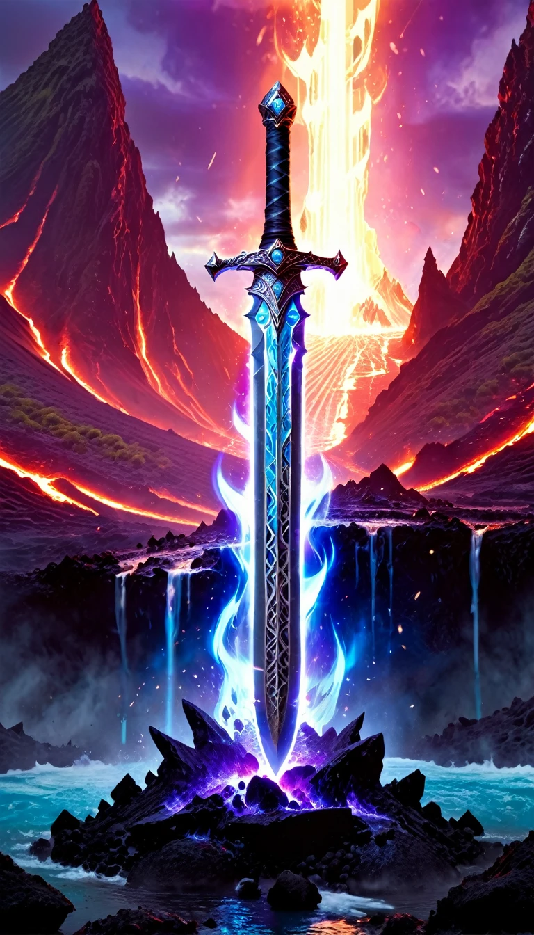 an giant sized sword surrounded with blue flame  stands on its point in volcano, a masterful sword made from diamond, epic sword, divine sword, (mountain sized sword: 1.5), its glistening in the sun, it has many facets, purple flames surround it GlowingRunesAI_purple, it stands in a pool of lava in a volcano, fantasy volcano background, sun rays, divine rays, high quality, landscape, lava land,  (best details, Masterpiece, best quality :1.5), ultra best realistic pictures , best details, best quality, 16k, [ultra detailed], masterpiece, best quality, (extremely detailed), ultra wide shot, photorealism, depth of field, diamondWM, rpg portrait
photograph