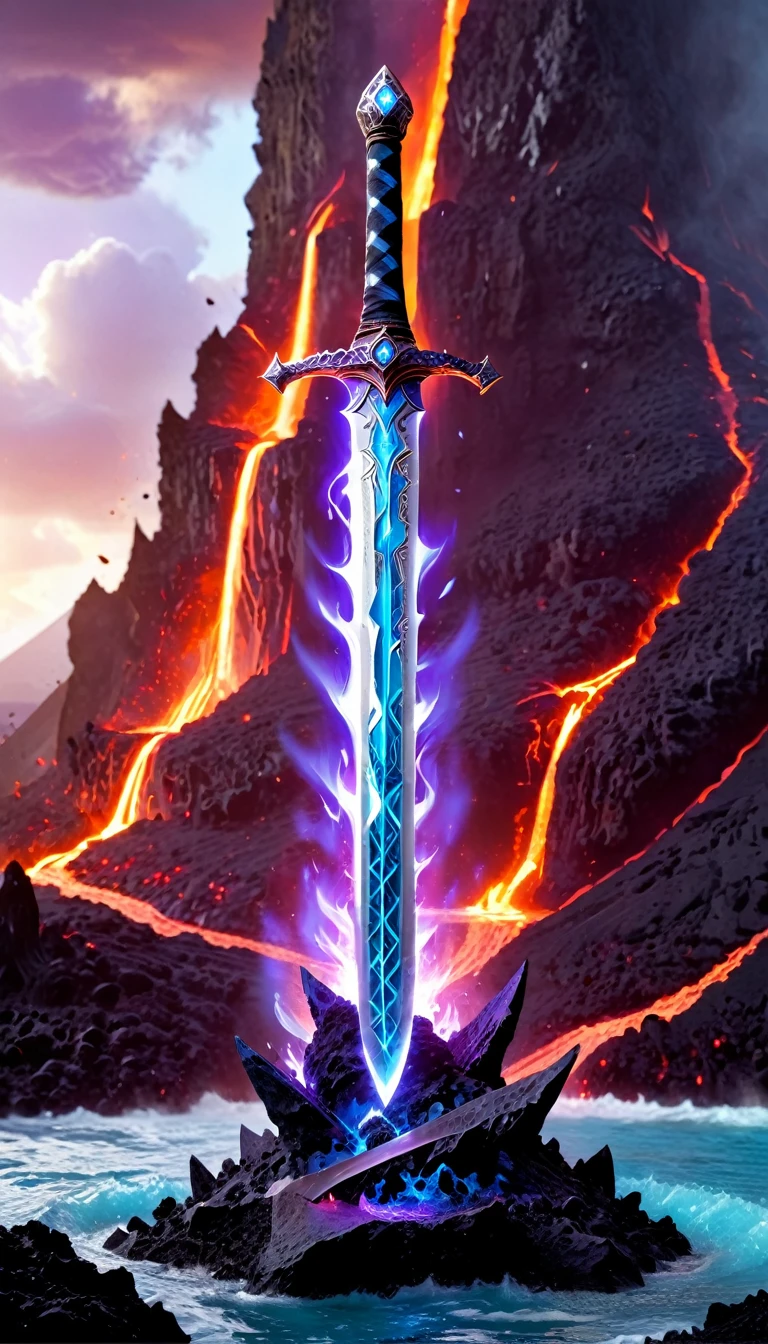 an giant sized sword surrounded with blue flame  stands on its point in volcano, a masterful sword made from diamond, epic sword, divine sword, (mountain sized sword: 1.5), its glistening in the sun, it has many facets, purple flames surround it GlowingRunesAI_purple, it stands in a pool of lava in a volcano, fantasy volcano background, sun rays, divine rays, high quality, landscape, lava land,  (best details, Masterpiece, best quality :1.5), ultra best realistic pictures , best details, best quality, 16k, [ultra detailed], masterpiece, best quality, (extremely detailed), ultra wide shot, photorealism, depth of field, diamondWM, rpg portrait
photograph