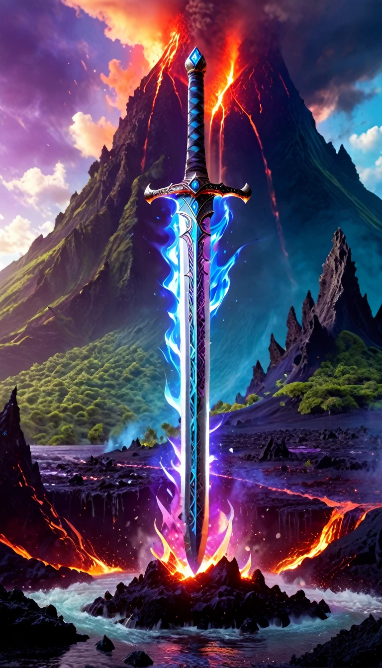 an giant sized sword surrounded with blue flame  stands on its point in volcano, a masterful sword made from diamond, epic sword, divine sword, (mountain sized sword: 1.5), its glistening in the sun, it has many facets, purple flames surround it GlowingRunesAI_purple, it stands in a pool of lava in a volcano, fantasy volcano background, sun rays, divine rays, high quality, landscape, lava land,  (best details, Masterpiece, best quality :1.5), ultra best realistic pictures , best details, best quality, 16k, [ultra detailed], masterpiece, best quality, (extremely detailed), ultra wide shot, photorealism, depth of field, diamondWM, rpg portrait
photograph