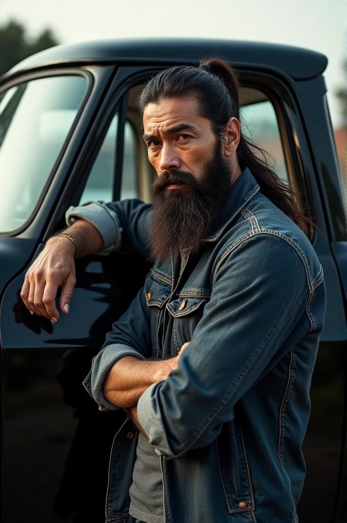 Japanese man with long tied hair and beard leaning against black pickup truck