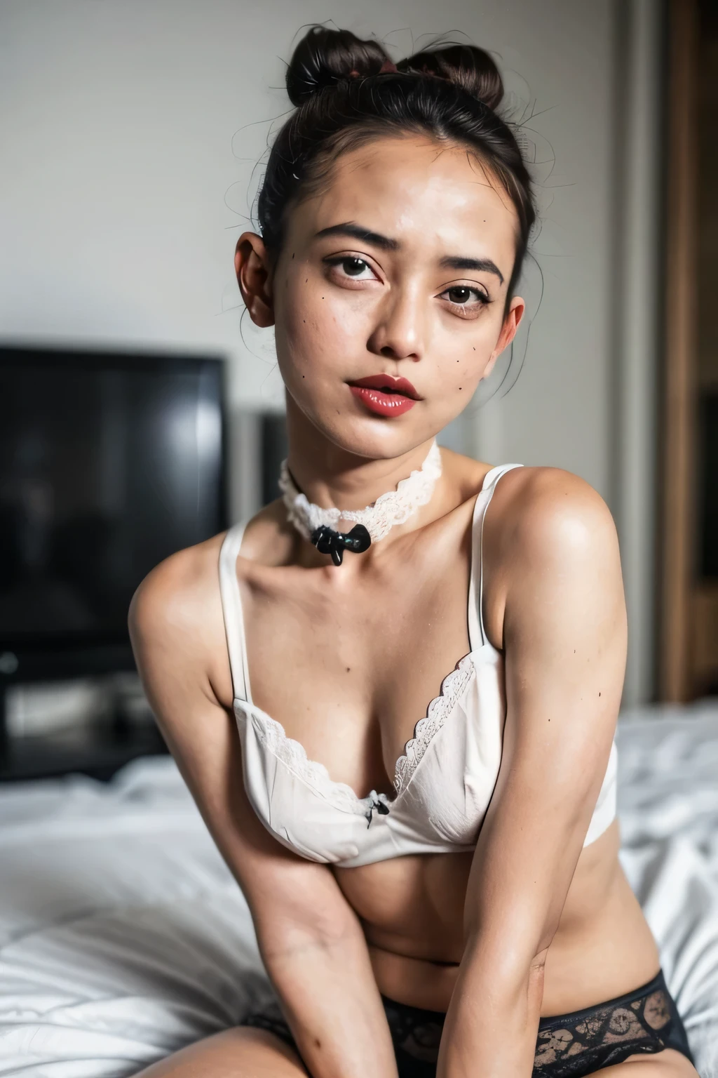 Holding panties / presenting panties, ((G-STRING)), ((Lie down)), ((3x-UltraSharp)), ((LACE NECK RIBBON)), ((GOTHIC RED EYELASHES & LIPS)), ((RED LIPS)), ((Stylo Bun Shorthaircut)), adorable, 1 girl, (face to face), s old, baby face, happy, half body portrait, (face details: 1), (eye details: 1), ((tiny breasts)). ((croptank latch)), ((net stockings)), lingerie ((red lips)), (naked red)
