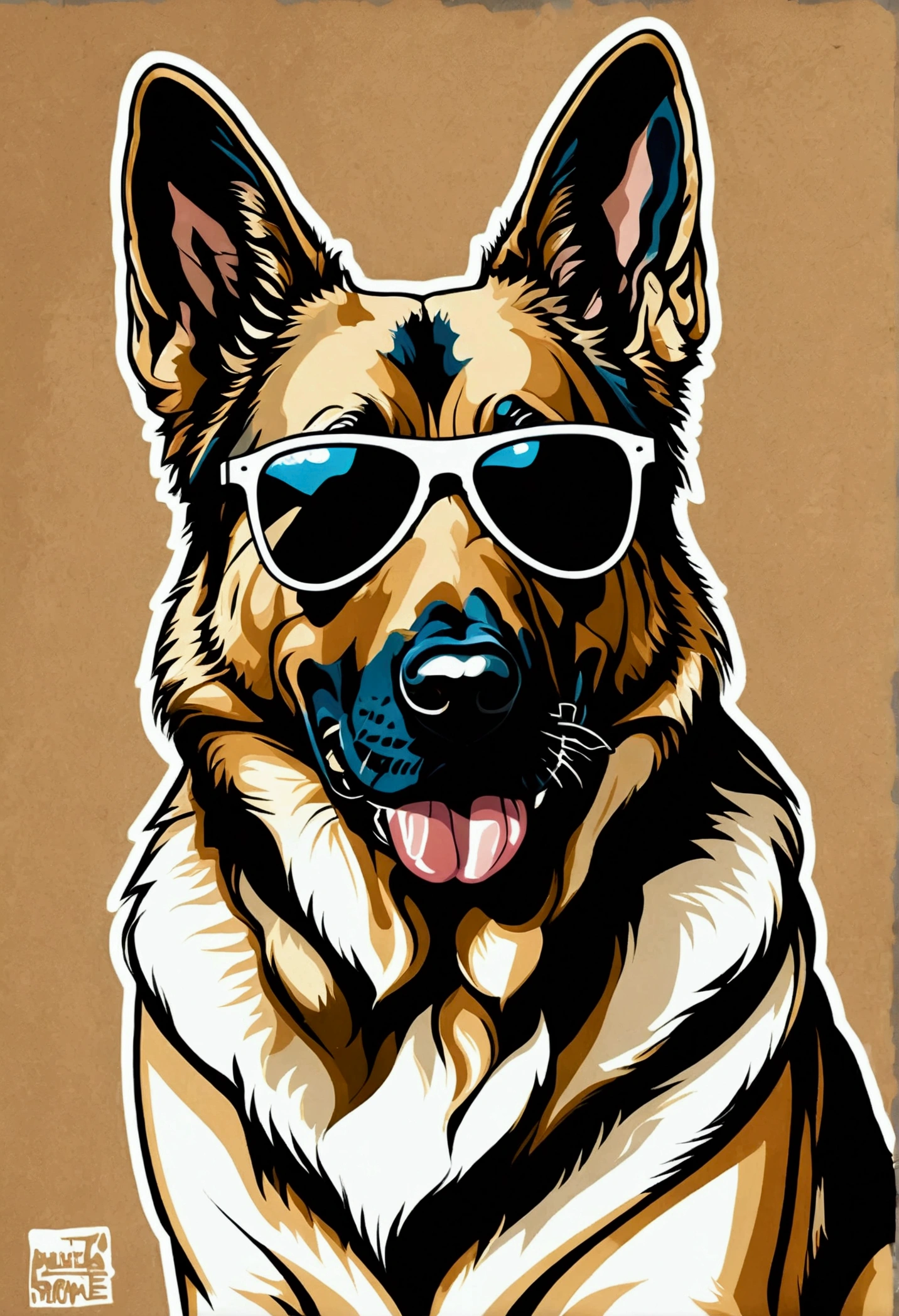 German Shepherd in light brown white with sunglasses, pop art, graffiti, comic style