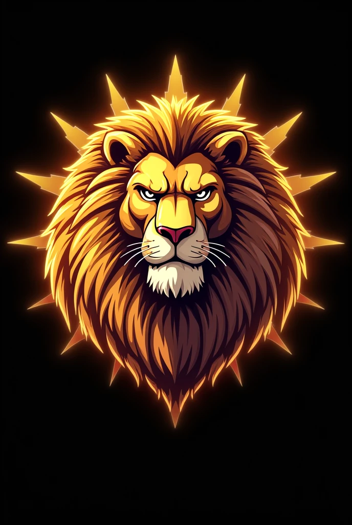 Picture of a very muscular and buff lion
for a very cartoon gym logo
just the pure head with golden mane
black background and background rays