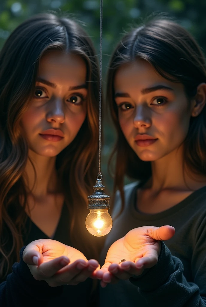 Two girls using pendulum Hypnosis on each other they have pendulum in one hand and swinging it in front of each other eye's Hypnosis eye roll