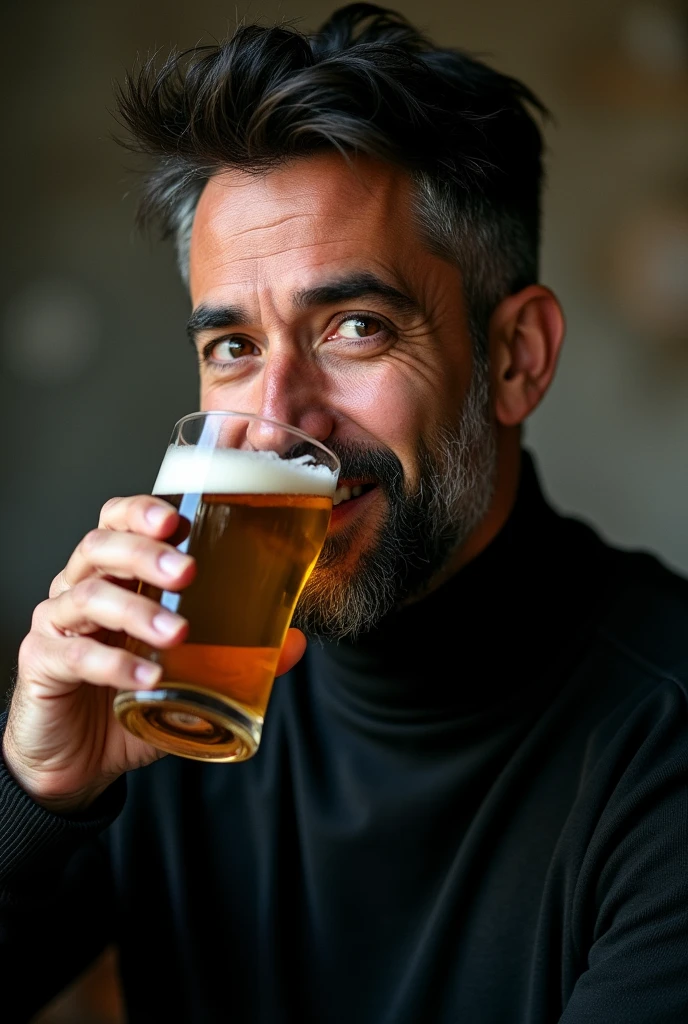 a dark-haired man of 39 years old, with dark hair, a bearded man, eyes black, black jersey, with a glass of beer in his right hand, happy face, be standing, focus on the beer glass. Very realistic, best qualityer. To stand, show full body, film photography, fur details, very real.