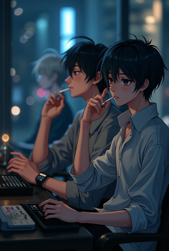 Anime guys listening to music and smoking