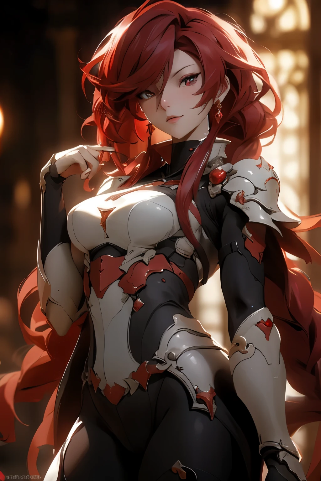 masterpiece, best quality 1girl, solo, beautiful woman, messy bangs, red hair, long hair, hair two side up by black bows , yellow eyes, grin, medium breasts, armour, fantasy dress, looking at viewer.
