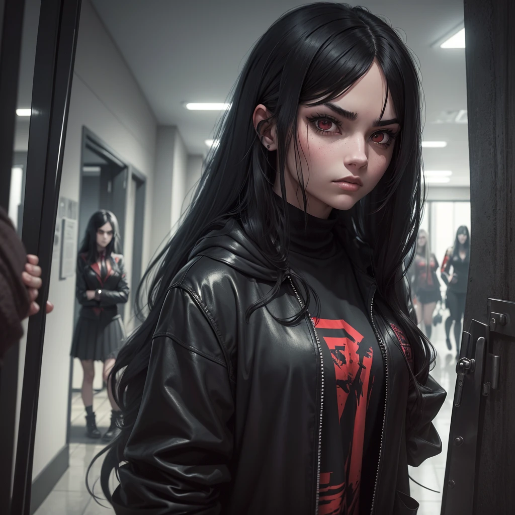 A hot and young female bully with black long hair and red eyes and dressed in black cool clothes in a school hallway, she has her own gang of bullys which are 3 female bullys behind her. Epic style, dark and gloomy atmosphere, darker colors, rain outside