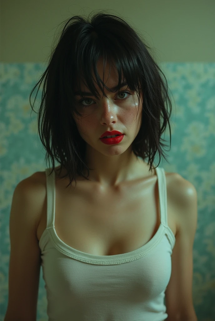 70s setting, grainy film, ultra-detailed, realistic, abstract, desperate tremor, sexual exhausted, hard breath, loosing control, hazy, sweat, desperation, t-shirt, void, red lips, noir, messy wet sticky hair, bob cut, natural skin texture