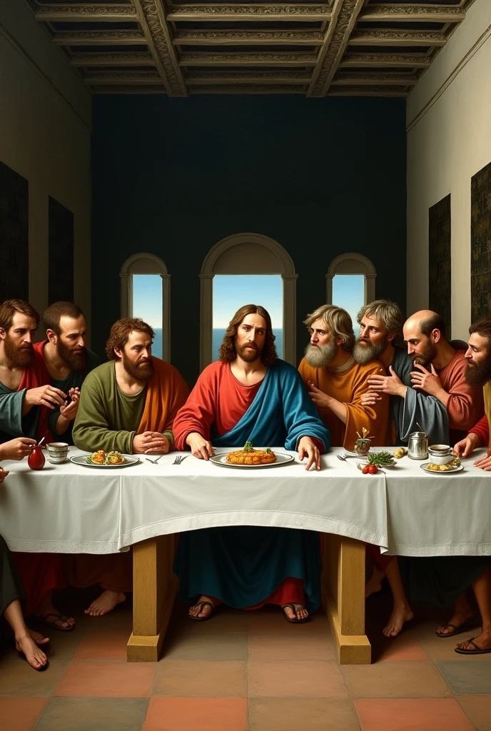Renaissance style painting depicting the Last Supper, with Jesus Christ seated in the center of a long table surrounded by his twelve apostles. The scene is set in an ornate interior with arched windows and a decorative ceiling.. The figures are dressed in traditional robes, smoking pot, with a pipe in the center of the table.