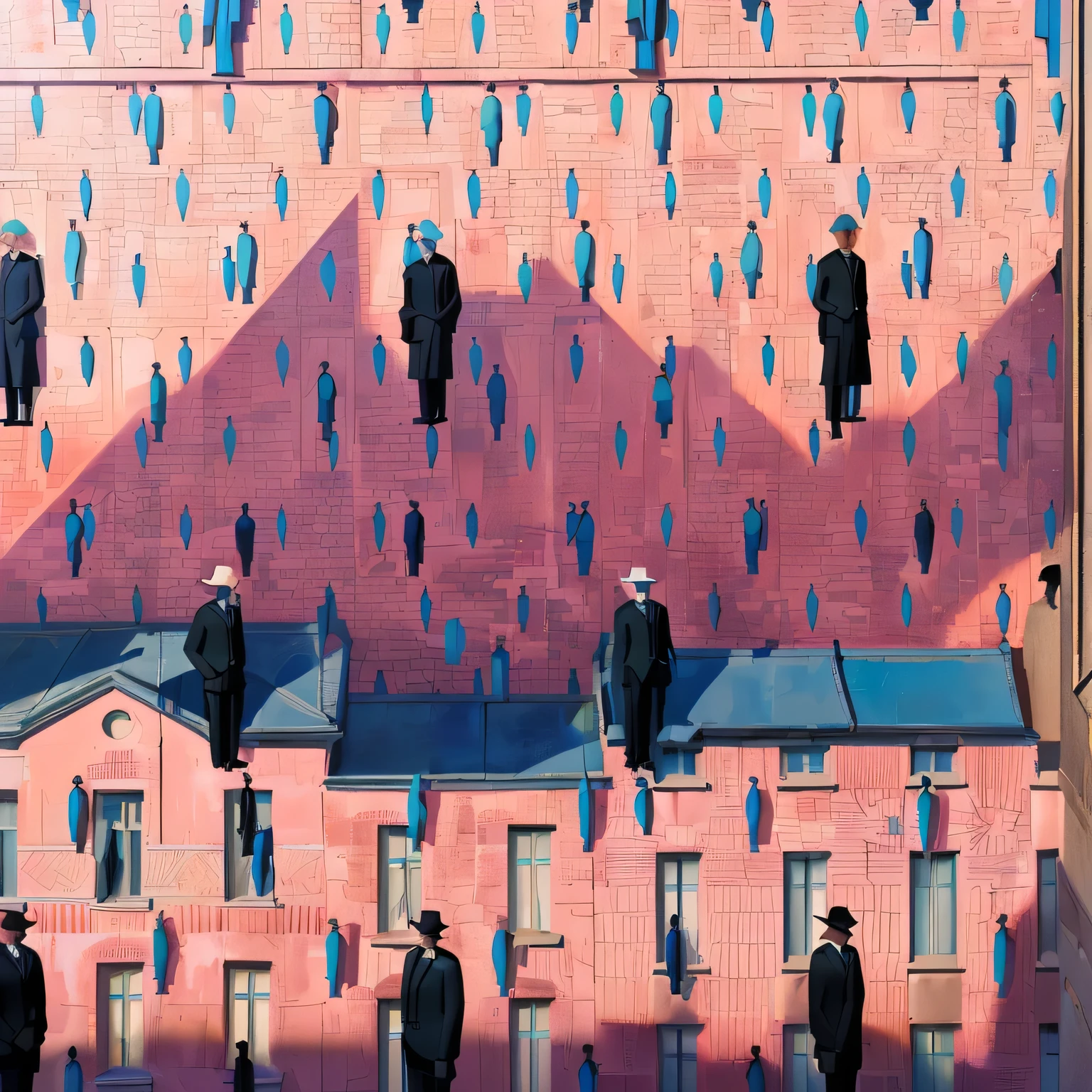 arafed image of a group of men standing in front of a building, by Ivan Generalić, rene magritte. detailed, maxim sukharev, rene magritte. hyperdetailed, magritte painting, magritte, inspired by Ivan Generalić, by Wang Yi, rene margritte, by Yi Inmun