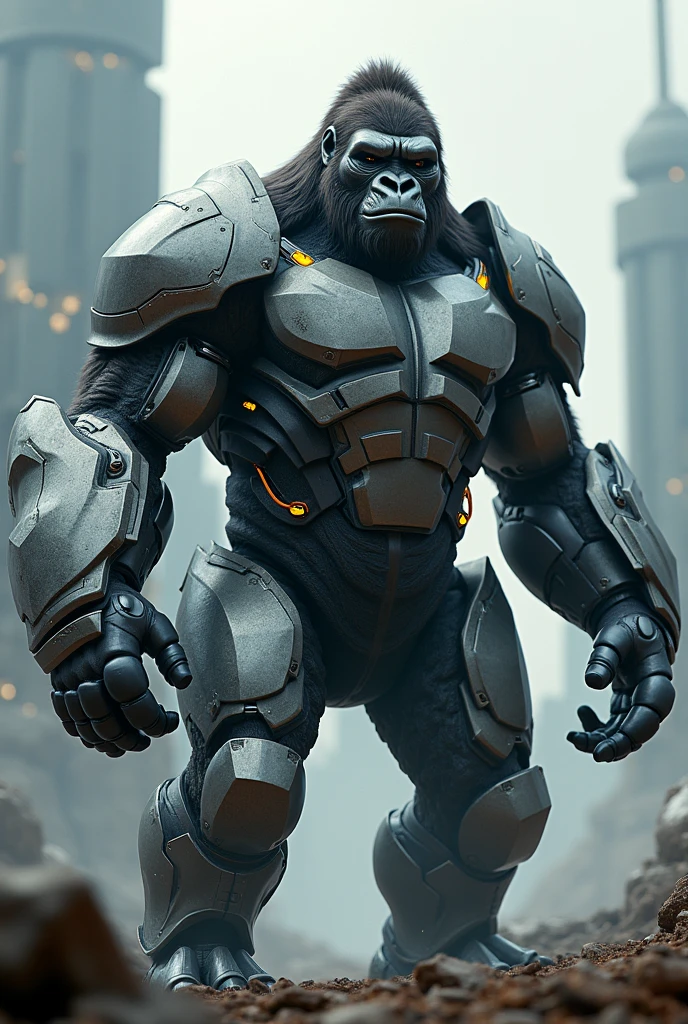 um (((Evil male gorilla made of steel))), (cyborg), de costas, imagem corpo inteiro do gorila, sem cortes, ultra-detalhado, Rosto detalhado, feito de metal, Professional vector illustration, imagem inteira, sem corte, HDR, hiper-detalhado:1.2), cinematic picture, To the left of the image, imagem total