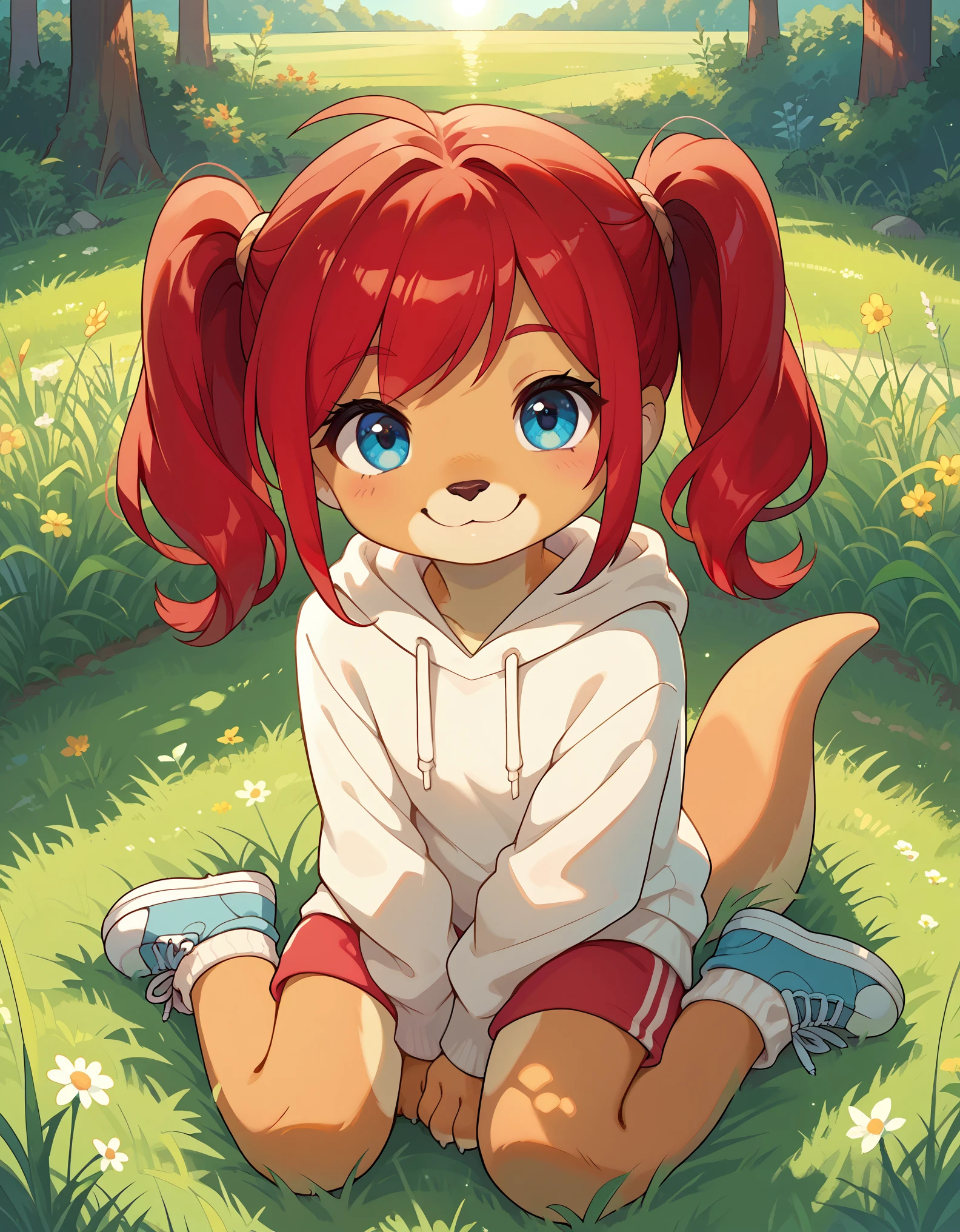 score_9, score_8_up, score_7, rating_ safe, source_furry, furry, camille_w, solo, red hair, twintails, blue eyes, hoodie, (kangaroo tail:0.7), sitting, outdoors, grass, looking at viewer, smile, cute, sunlight, natural lighting, 