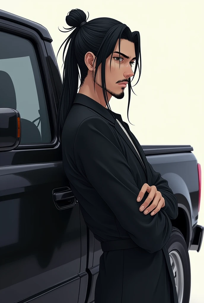 Japanese man with long tied hair and beard leaning against black pickup truck