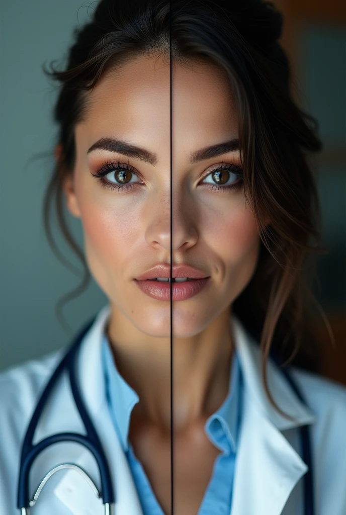 Two combined photos of face of one side with doctor appearance and other of a call girl
 
