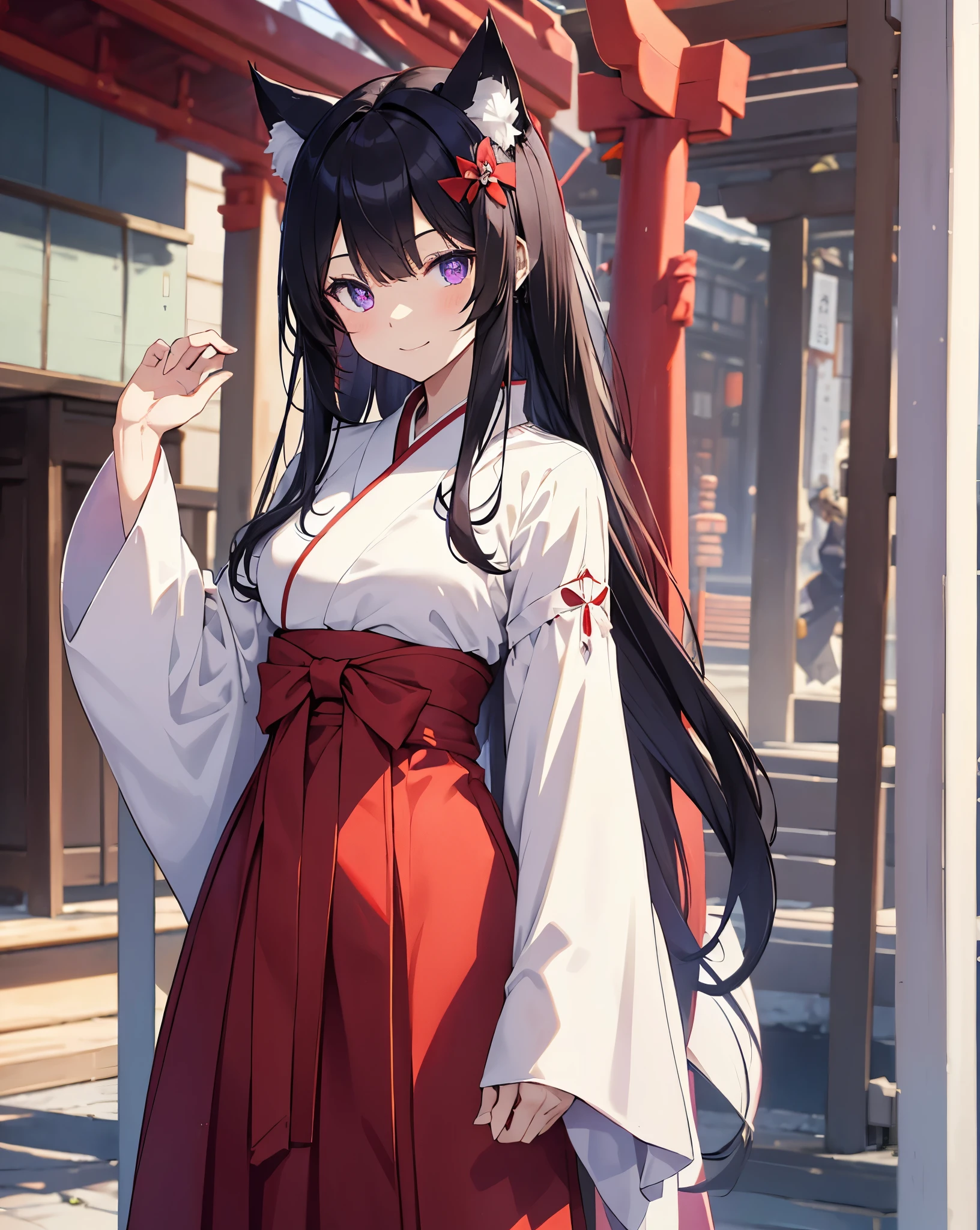 Face shot, Eyes macro, 1 anime catgirl, black cat ears, neko ears, with long black hair tied back, Two small tufts of hair in front, wearing a traditional white blouse with voluminous sleeves and a high collar, paired with a long red skirt that has a bow at the waist. The character is in a standing pose and has an elegant and refined appearance. She has accent purple eyes, detailed anime eyes, she is the shrine priestess. She has a cat pose. red hakama and white kimono. Slim waist. She is at the entrance of a shrine, she is pulling the cowbell. Red high skirt. She has a cute smile.