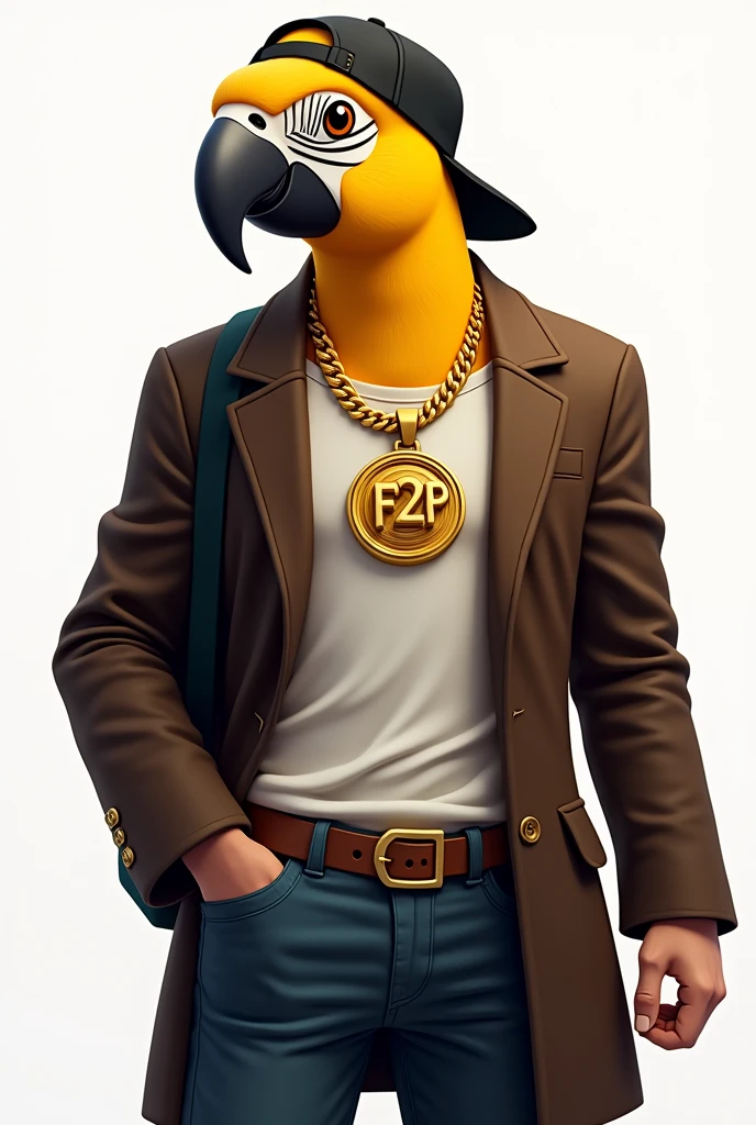 Create a man with the face of a yellow macaw, without showing much of the neck, turned slightly to the left, with black backwards cap, wearing a dark brown overcoat and a white shirt and with a large gold necklace that says F2P. The image background can be white and the image can be a bit cartoonish.. I want the image with very detailed touches
