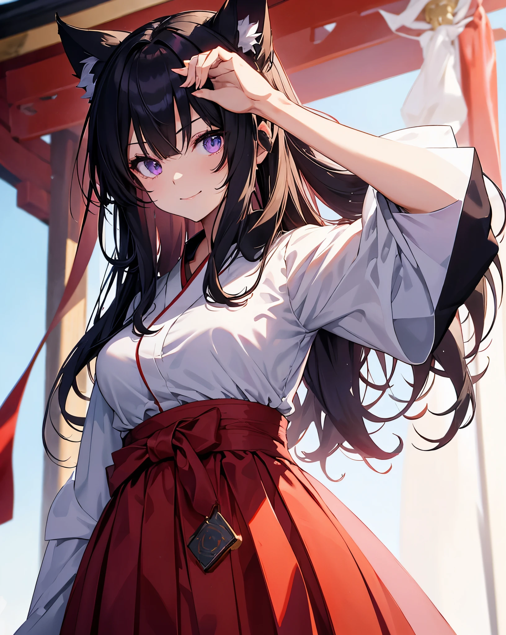 Face shot, Eyes macro, 1 anime catgirl, black cat ears, neko ears, with long black hair tied back, Two small tufts of hair in front, wearing a traditional white blouse with voluminous sleeves and a high collar, paired with a long red skirt that has a bow at the waist. The character is in a standing pose and has an elegant and refined appearance. She has accent purple eyes, detailed anime eyes, she is the shrine priestess. She has a cat pose. red hakama and white kimono. Slim waist. She is at the entrance of a shrine, she is pulling the cowbell. Red high skirt. She has a cute smile.
