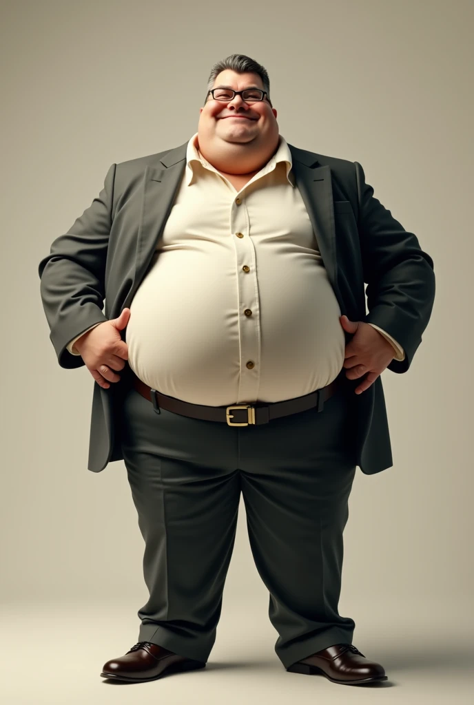 Fat man in tight suit holding his belly proudly