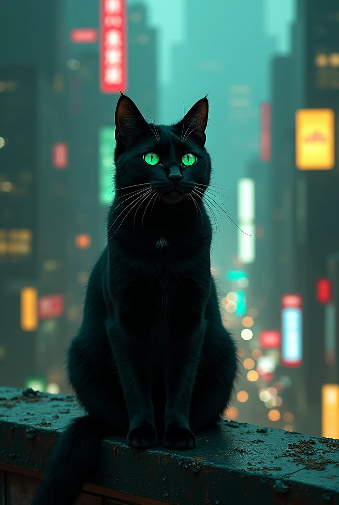Black cat with green eyes admiring the city