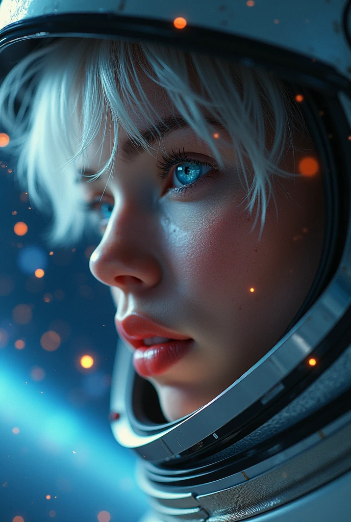 (Close-up of a better masterpiece:1.5)0.9], (Space and astronauts:1.2) (Messy silver hair:1.1) (Heterochromia xanthochromia and blue eyes:1.2) (Space Helmet:1.0) (Colored stars in the eyes:1.0) (A radiant glow:1.1) (thick lips:0.9)