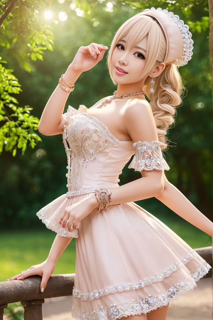 ((Best quality, 8k, Masterpiece, Sharp focus, 35mm lens, f/0.8, amazing beautiful perfect figure :1.4)), side lighting, sexy stylish Asian model, ((bright smile)), ((doll-like appearance)), ((beautiful detailed Victorian-Style boots)), Highly detailed face and skin texture:1.2, super detailed eyes:1.2, super detailed skin, shiny skin:1.2, Blushing ,long lashes:1.2, high-fidelity bangs, brilliant light blonde long random hairstyle, ((sexy Paradise Kiss cosplay)), bell-shaped skirt, petticoats, high neckline, puffed sleeves, (( ultra detailed lace)), ((ultra detailed embroidery)), intricate details, Paradise Kiss accessoires and matching headpiece, choker, ((large sparkling Paradise Kiss jewelry)), cinematic light, detailed large park background with trees