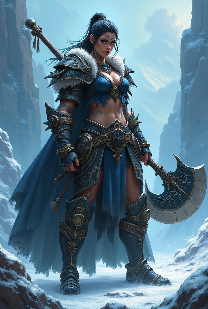 Create a female human Warrior from the game WoW LK wielding the Shadowmourne axe named Halux.