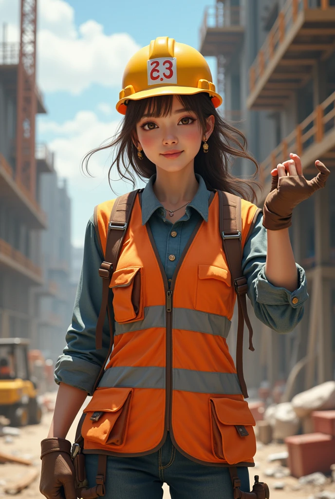 A woman dressed as a construction worker, with Chinese brown hair, and light brown skin, round face and a little fat, raising her left hand and in her right holding a score board 
