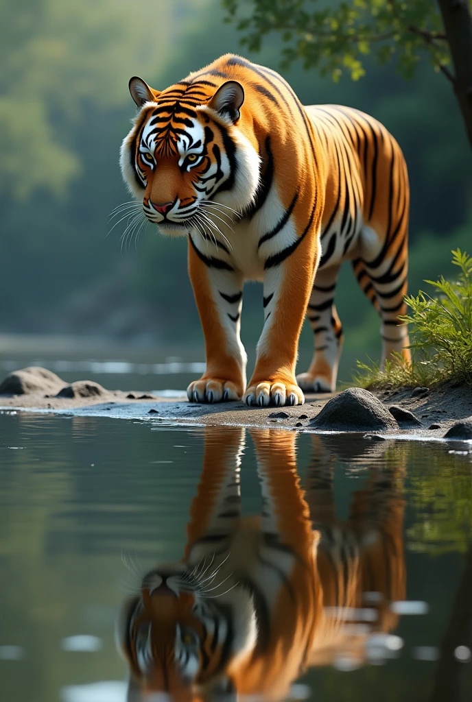 tiger on river front side looking at its reflection it should be photorealistic
