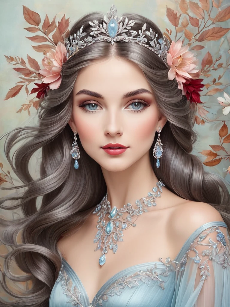 "An art nouveau style painting in soft pastel tones depicts a beautiful woman with pale eyes, detailed eyelashes and meticulously shaped eyebrows. Her face is exquisitely detailed, with a full mouth, lightly tanned skin, accentuated by a soft blush. Her long hair Highlighted browns cascade gracefully over exposed shoulders. Through skillful use of soft colors and fluid shapes, she creates a mesmerizing visual experience that captures the essence of her subjects. tenderness and subtlety, resulting in a work of art that is both captivating and evocative. She wears a delicate silver tiara, red stone with matching earrings and a necklace adorned with dried flowers and leaves. interwoven into her look, enhancing her ethereal presence. Her light fabric dresses, in shades of gray and soft blue, feature intricate and delicate embroidery. capturing the delicate beauty and serene elegance of the moment.