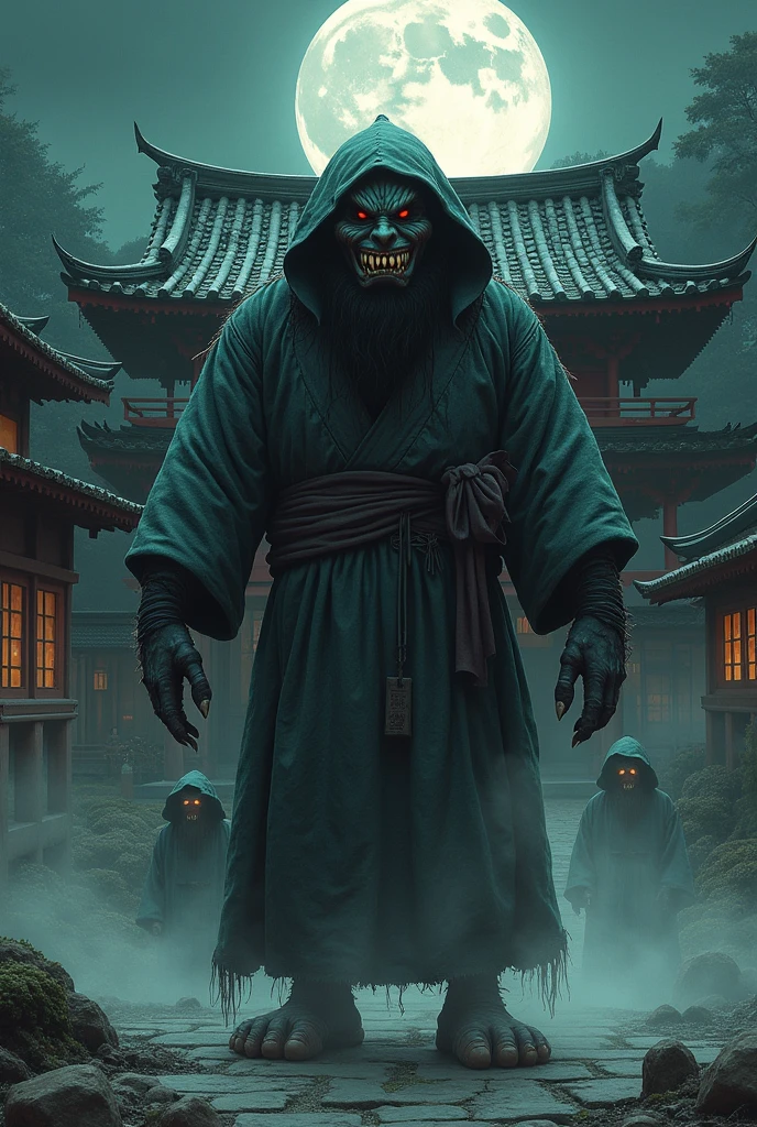 Create a detailed and atmospheric illustration of a traditional Japanese yasha or ogre. The scene should evoke a sense of ancient folklore and horror, featuring the yasha or ogre with traditional Japanese attire and features. The background should include an ancient Japanese temple or shrine, such as an old Shinto shrine or Buddhist temple. Incorporate elements like dim moonlight, mist, and shadowy figures to enhance the eerie atmosphere. The character should have a fearsome expression, with elements like sharp claws, fierce eyes, and traditional Japanese masks to emphasize the supernatural and ominous nature."