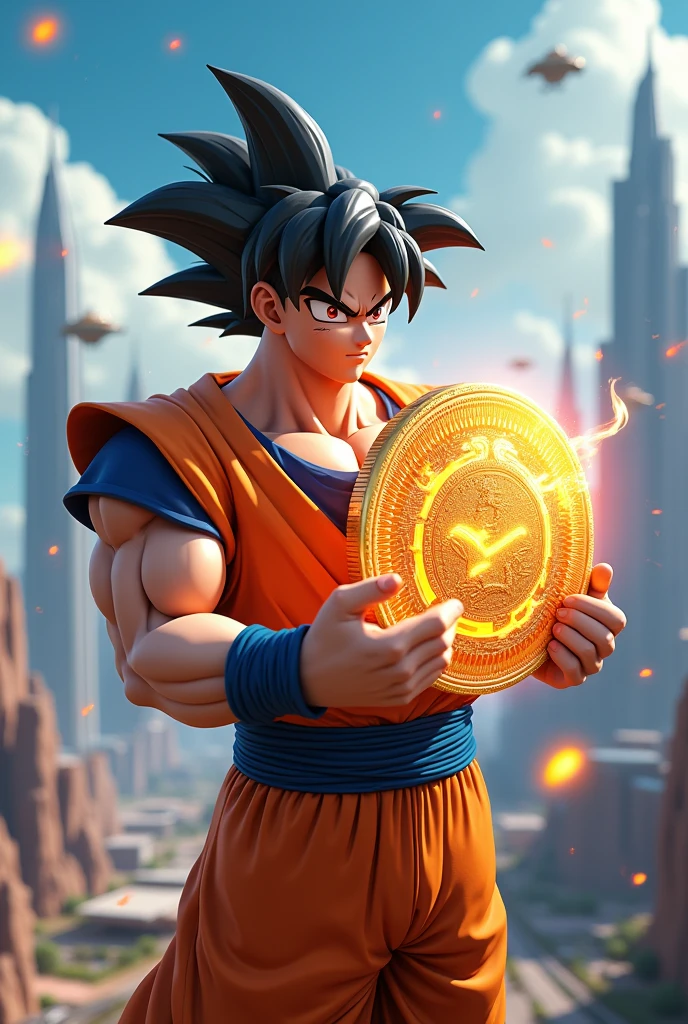 In dragonball z guku's earth use crypto currency.....draw a 3d representation of goku holding a really huge crypto coin.....make it futurelistic and dragon ball themed.....make the coin really futurelistic...with shenron theme