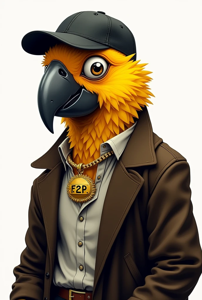 Create a man with the face of a yellow macaw, without showing much of the neck, turned slightly to the left, with black backwards cap, wearing a dark brown overcoat and a white shirt and with a large gold necklace that says F2P. The image background can be white and the image can be a bit cartoonish.. I want the image with very detailed touches