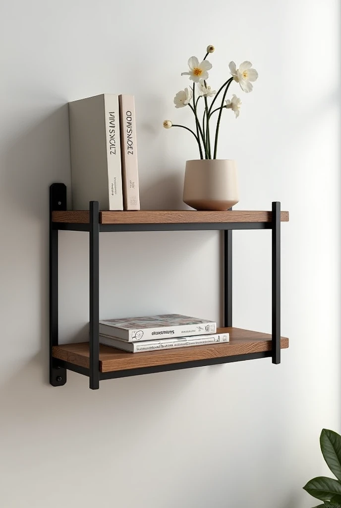 Create a small 2-tier industrial wall shelf for me with the dimensions of 40 cm in length and 21 cm in depth, using brown wood with a thickness of 15 mm and black support irons. It should be suitable for an office..